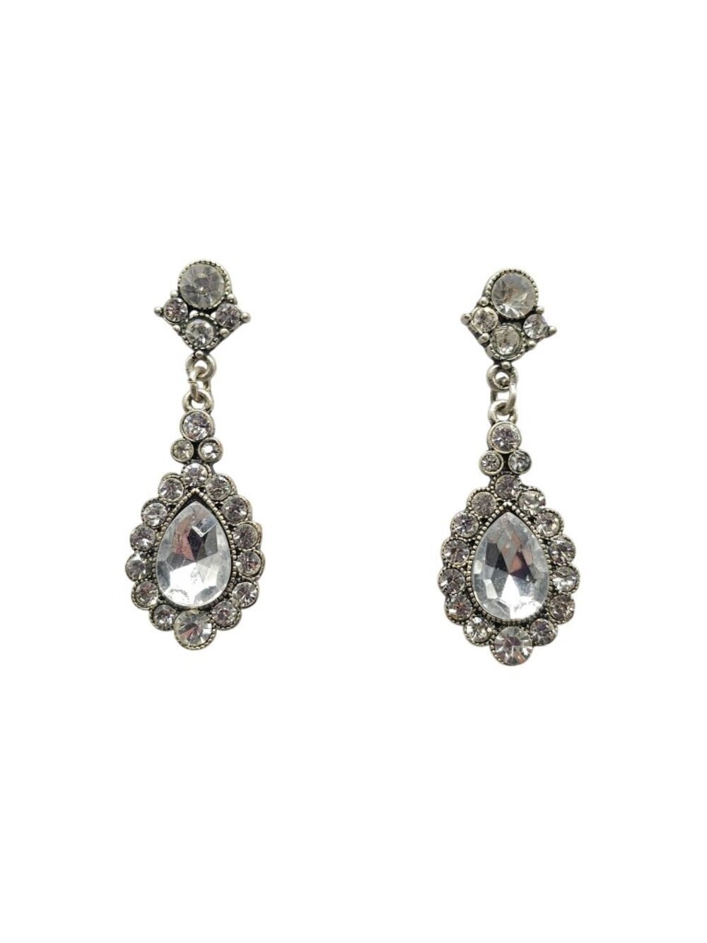 Vintage Style Silver Tone Crystal Teardrop Dangle Earrings Rhinestone 2 In